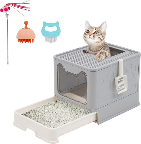 Kattenbak - Kattenbakvulling - Kattentoilet - Opvouwbare - met Deksel -  Inc. Scoop - Veer Teaser - Kam - Siliconen Borstel - voor Huisdieren - Gemakkelijk te Reinigen - 41 x 41 x 51 cm - Grijs