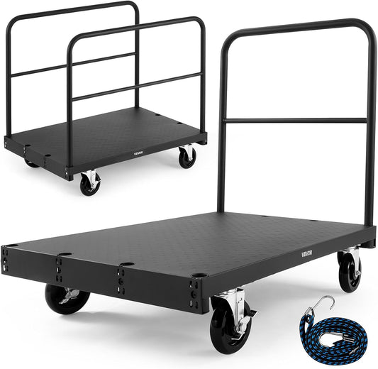 VEVOR Drywall Trolley Load Capacity 810 kg Steel Plates 12.5 mm Casters Platform 91.5 x 61 cm with 3 Side Handrails for Factory Garage Black