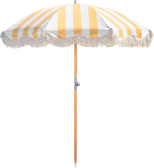 2M Boho strandparasol met franje, UPF 50+ kwastjes met draagtas, premium houten stang, opvouwbare terrasparaplu voor buiten, tuin, gazon, zwembad, tuintafel