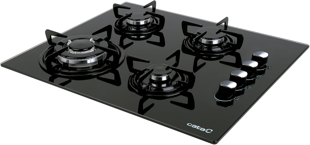 4-pits Gaskookplaat – Gasfornuis – Kookplaat – Gasplaat – Kookfornuis – Gehard Zwart Glas – Elektronische Ontsteking – 59 cm Breed