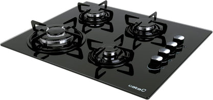 4-pits Gaskookplaat – Gasfornuis – Kookplaat – Gasplaat – Kookfornuis – Gehard Zwart Glas – Elektronische Ontsteking – 59 cm Breed