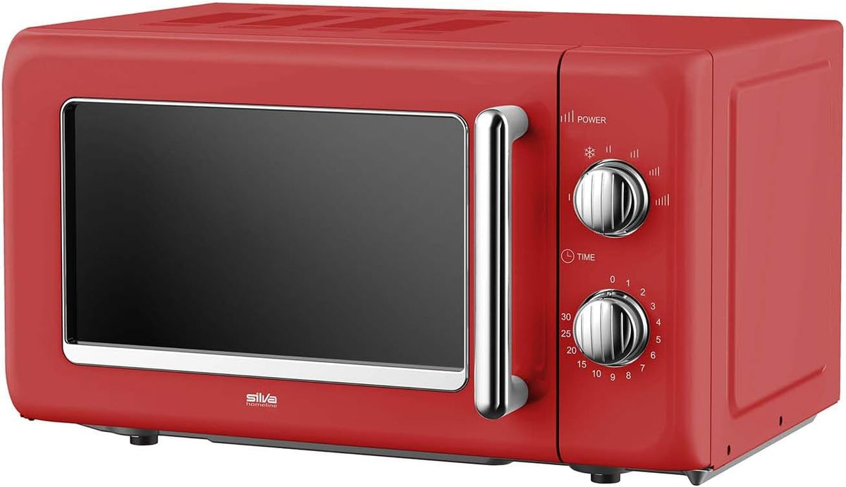 Retro Magnetron – Compacte Magnetron – Vintage Magnetron – Keuken Magnetron – Elektrische Magnetron – 20 Liter Inhoud – 700 Watt Vermogen – 6 Stands – Timer Met Eindsignaal – Rood Met Verchroomde Knoppen
