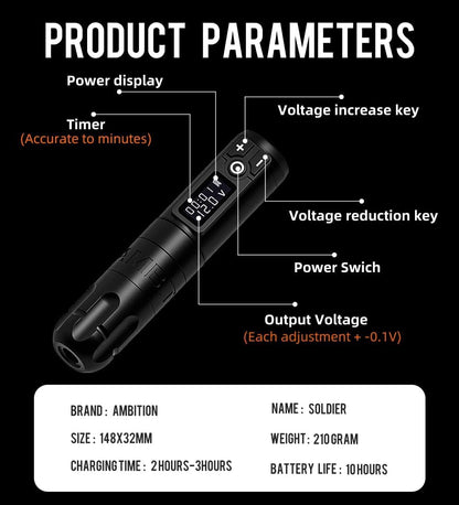 Ambition Soldier Roterende batterijpen Tattoo Cartridge Machine met 2400mAh draadloze kracht Coreless Motor Digitaal LED-display voor professionals en beginners Tattoo Artiesten