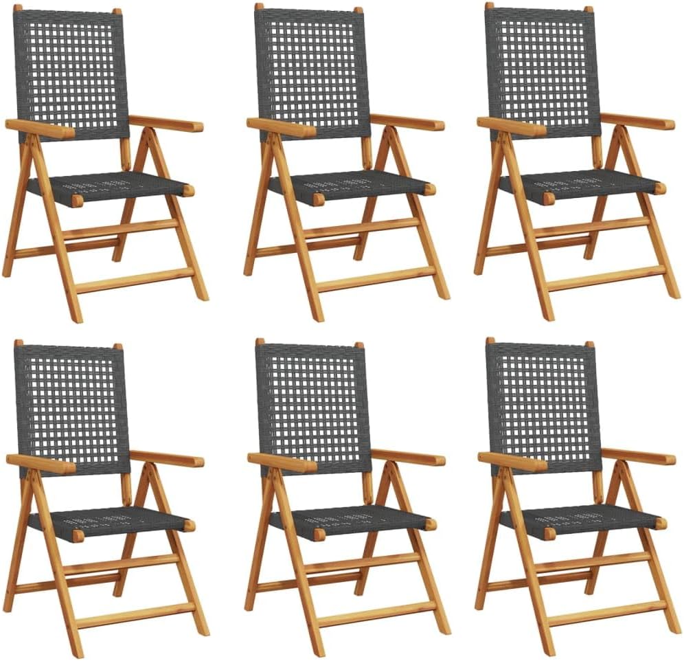 Tuinstoelen, kantelbaar, 6 stuks, PE-rotan, massief hout, zwart, outdoor stoelen met kantelfunctie en platte armleuningen, duurzame outdoor meubels - QUORE