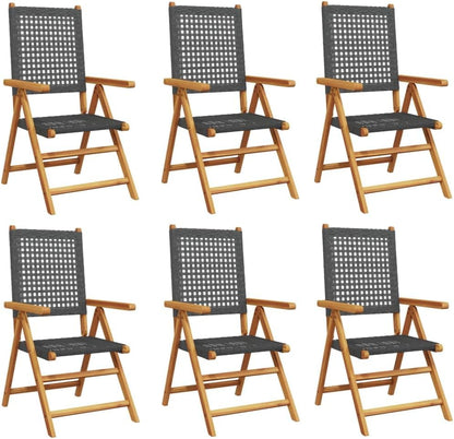 Tuinstoelen, kantelbaar, 6 stuks, PE-rotan, massief hout, zwart, outdoor stoelen met kantelfunctie en platte armleuningen, duurzame outdoor meubels - QUORE