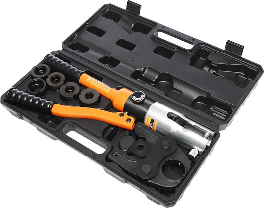 OUKANING Hydraulische krimptang 10T, met 360° draaibare kop en verwisselbare vormen (TH/U/V/M-serie), voor aluminium kunststof, PEX, koperen buizen, ergonomisch, oliedicht (M12, M15, M18, M22, M28) - QUORE