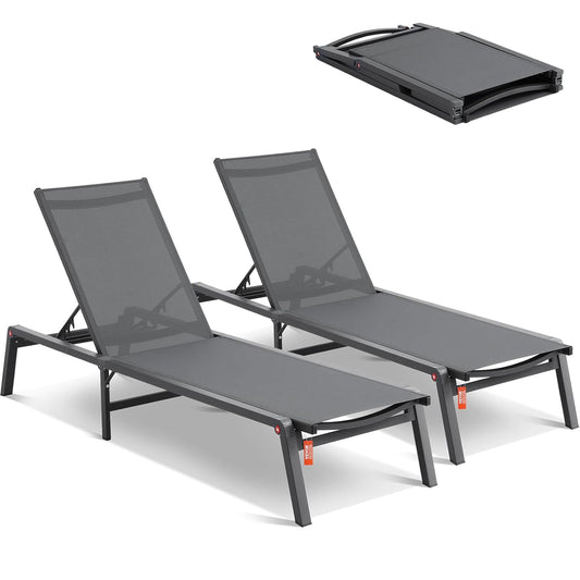VEVOR Tuinligbed voor buiten, 2 stuks, inklapbaar, van aluminium, voor terras, met 5 verstelbare posities, volledig plat, voor strand, zwembad, outdoor, donkergrijs