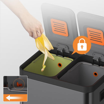 Mbillion Vuilnisemmer voor in de keuken, 2 vakken, afvalscheidingssysteem, roestvrij staal, met uitneembare binnenemmers, voor thuis, kantoor, 20 + 20 l, zwart