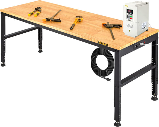 VEVOR Workbench 1550 x 508 mm Workshop Table, Height Adjustable 688-910 mm, Capacity 900 kg, Includes Power Connections, Hardwood Surface, Metal Frame and Foot Pads, Ideal for Garage,