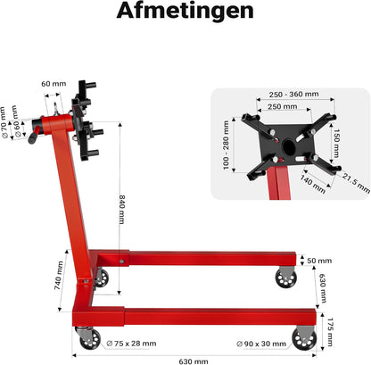 Wiltec motorbloksteun tot 570 kg, stalen motorstandaard voor het tillen van automotoren, motorsteun met wielen voor reparaties en onderhoud