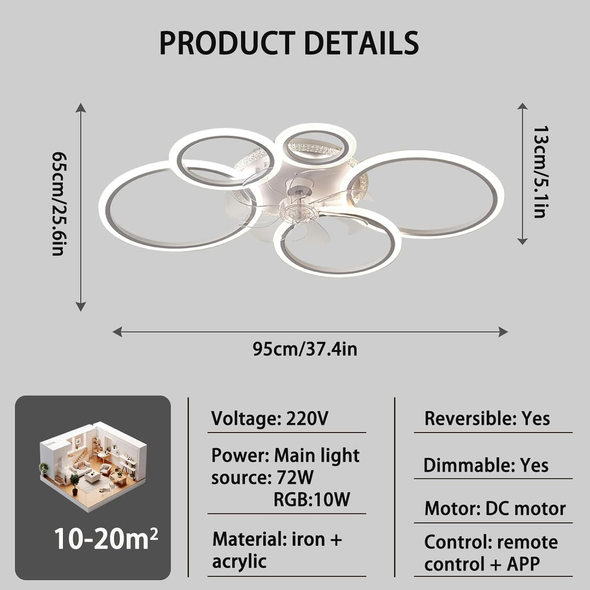95 Cm Ventilatorlicht Dimbaar, Omkeerbaar Ventilatorlicht APP Met Afstandsbediening, Modern Ventilatorlicht 72 W Woonkamer Stille Timer 6 Snelheden Geschikt Voor Slaapkamer En Woonkamer-White