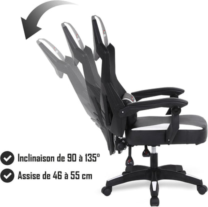 Gaming en bureaustoel met kantelbare rugleuning 135°, ademend netweefsel, lendenkussen, wit en zwart