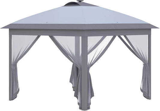 Outsunny Pavilion, 3.3 x 3.3 m, Folding Gazebo with LED, USB Charging Port, Pop Up Gazebo with Mesh Side Panels with Sun Protection, Includes Bag, Oxford, Grey - QUORE