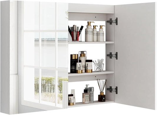 Badkamerkast – Wandkast – Spiegelkast – Medicijnkast – Opbergkast – Dubbele Spiegeldeuren – Extra Groot 90x80x13 cm – Wit Minimalistisch Design