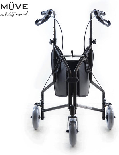 Muve 3-wielige rollator - opvouwbaar, lichtgewicht, met ingebouwde tas, ideaal voor mobiliteitsondersteuning voor ouderen en mensen met een handicap