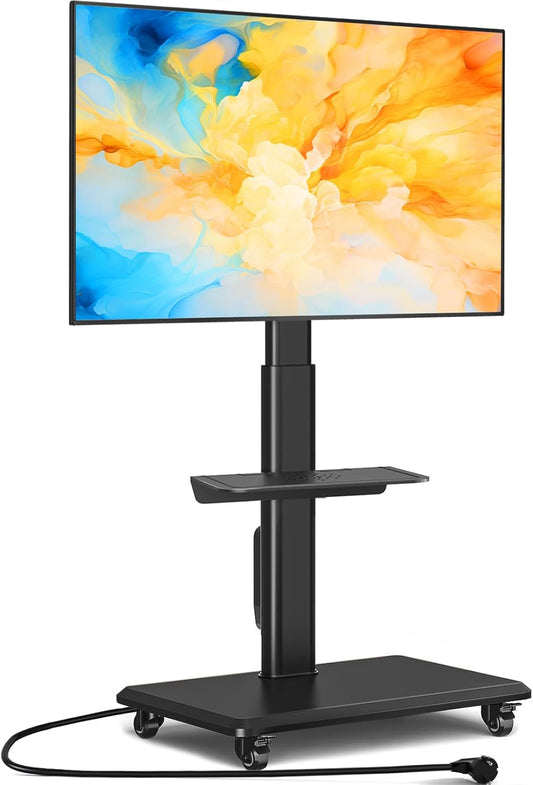5Rcom Mobiele tv-standaard op wielen voor platte gebogen 32-55 inch tv's, draaibare rollende tv-standaard met houten basis, in hoogte verstelbaar met één plank Max VESA 400x400 mm tot 35 kg