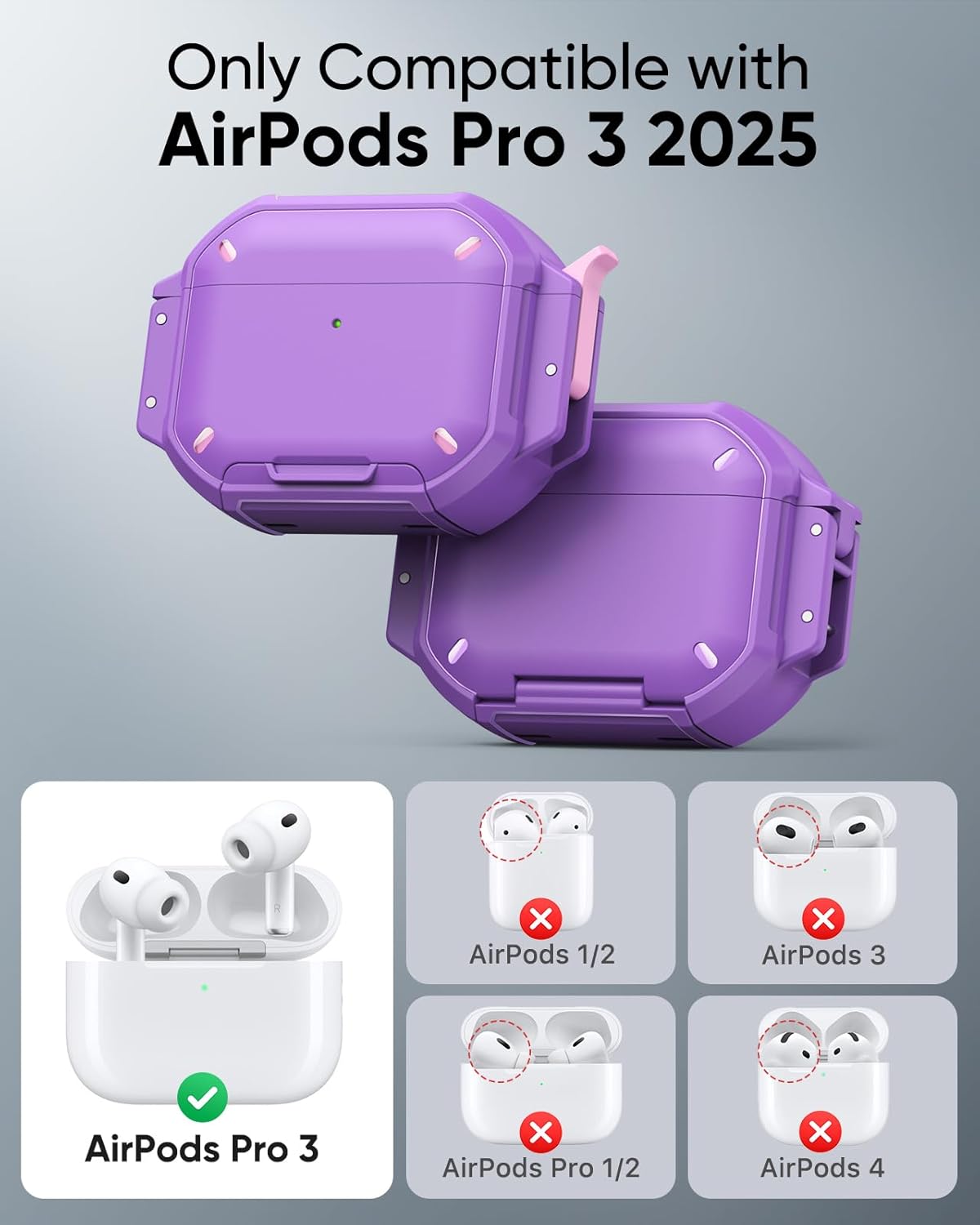 MoKo Case Compatible with AirPods Pro 3 Case with Secure Lock - IP68 Waterproof & Military-Grade Cover for iPods Pro 3, Protective Earpods Pro 3 Cover with Keychain, Phone Stand & Cleaner Kit, Purple