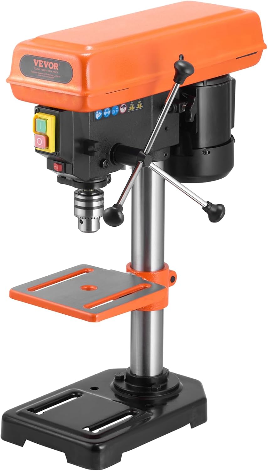 VEVOR Kolomboormachine met 500 W inductiemotor, instelbare snelheid 500/890/1400/1900/2500 omw/min, werkblad kantelbaar van 0 tot 45 graden, 203,2 mm voor hout en metaal