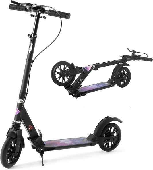 ISE Scooter van aluminium, opvouwbaar, 2 wielen, verstelbare stuurhoogte, dubbel schokabsorberend en remsysteem, groot wiel met antislipband, voor volwassenen en jongeren vanaf 12 jaar