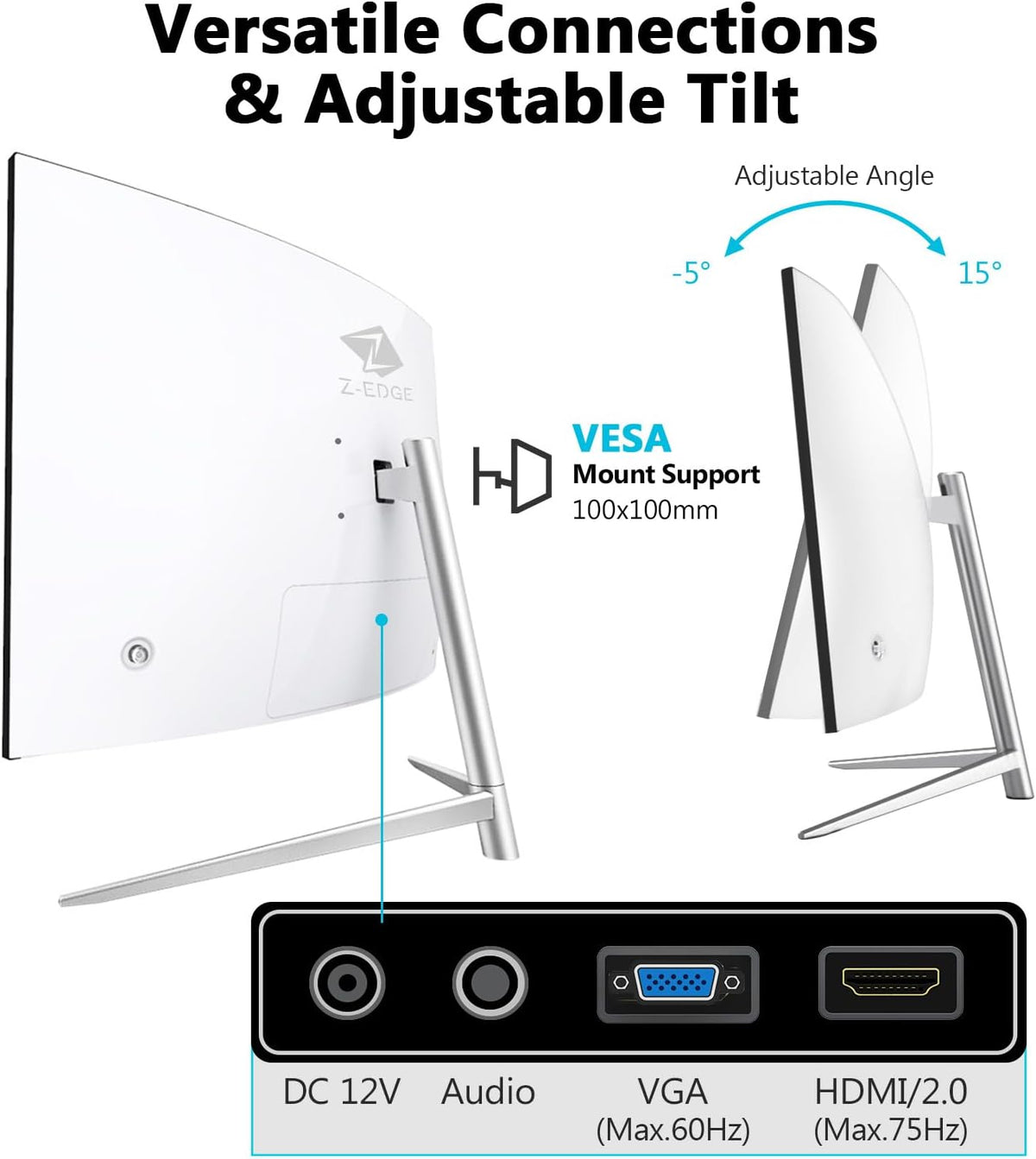 Z-Edge Gaming Monitor Curved 27 inch, 75Hz, FHD 1080P (1920x1080), Monitor Office White with HDMI Cable, 1800R VA Frameless, 178° Viewing Angle From, VGA+HDMI, Adjustable Tilt, Eye-Care Technology