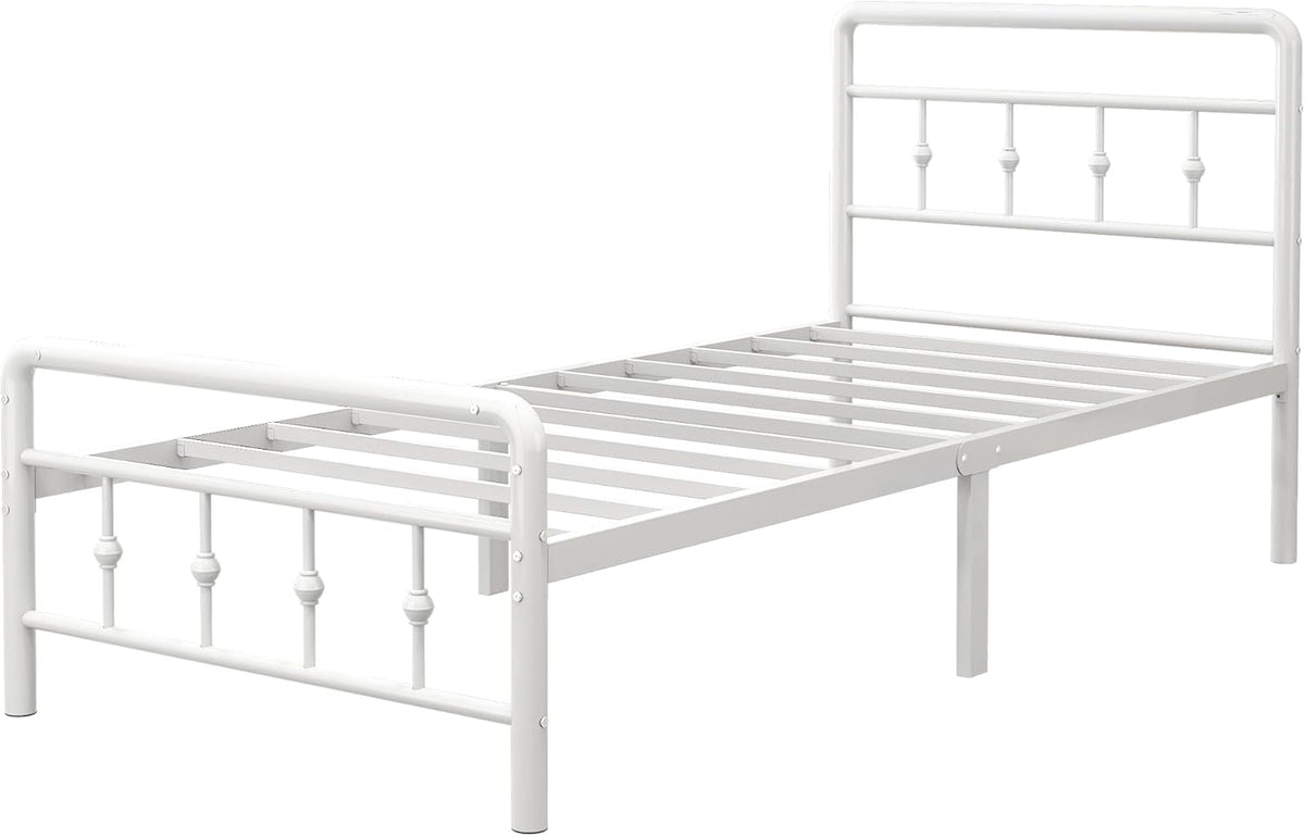 EMODA Metalen Bedframe 90 x 200 cm met vintage style Hoofdeinde en Voetenbord, Heavy Duty Bedframe 36cm hoog met stalen lattenbodem, Eenvoudige montage, Geluidsvrij, Wit