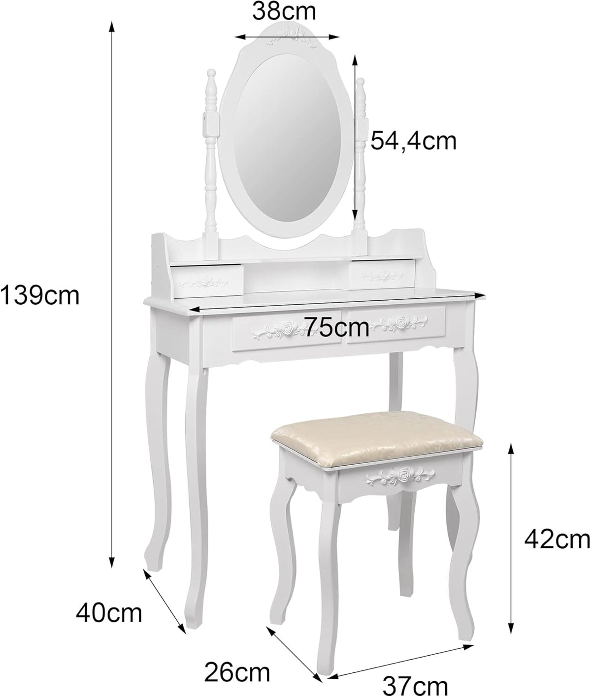 ML-Design Dressing Table White, Dressing Table with Mirror, Stool and 4 Drawers, 75 x 140 x 40 cm, Country Style, Cosmetic Table for Women & Girls, Dressing Table Made of MDF Wood, Dressing Table - QUORE