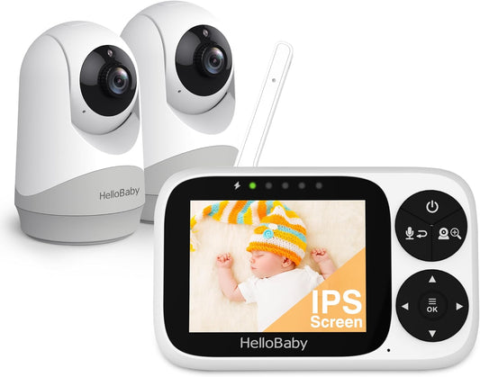 HelloBaby Babymonitor, video en audiocamera voor kinderen, met monitor, 3,2 inch IPS-scherm, zonder wifi, nachtzicht, pan-tilt-zoom, alarm slaapliedje en bereik van 1000 voeten, 2 camera's inbegrepen