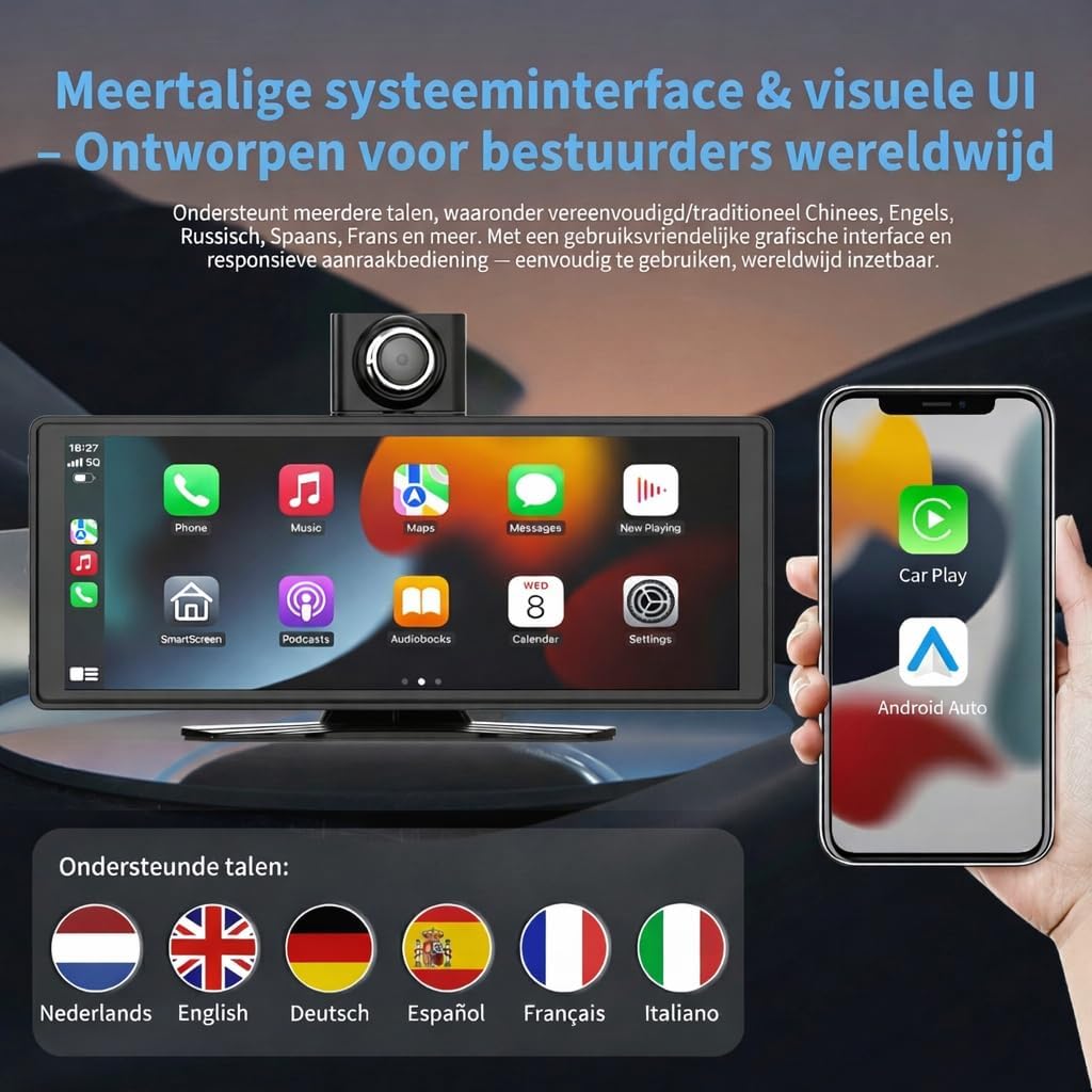 10.26 Inch Draadloos CarPlay Scherm & Android Auto Display - 4K Dashcam & 1080P Achteruitrijcamera - Draagbare Autoradio met Dual Bluetooth, FM, AUX & GPS Navigatie - Inbouwloos & Universeel