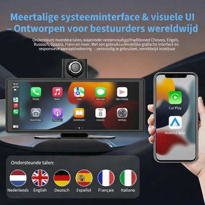 10.26 Inch Draadloos CarPlay Scherm & Android Auto Display - 4K Dashcam & 1080P Achteruitrijcamera - Draagbare Autoradio met Dual Bluetooth, FM, AUX & GPS Navigatie - Inbouwloos & Universeel