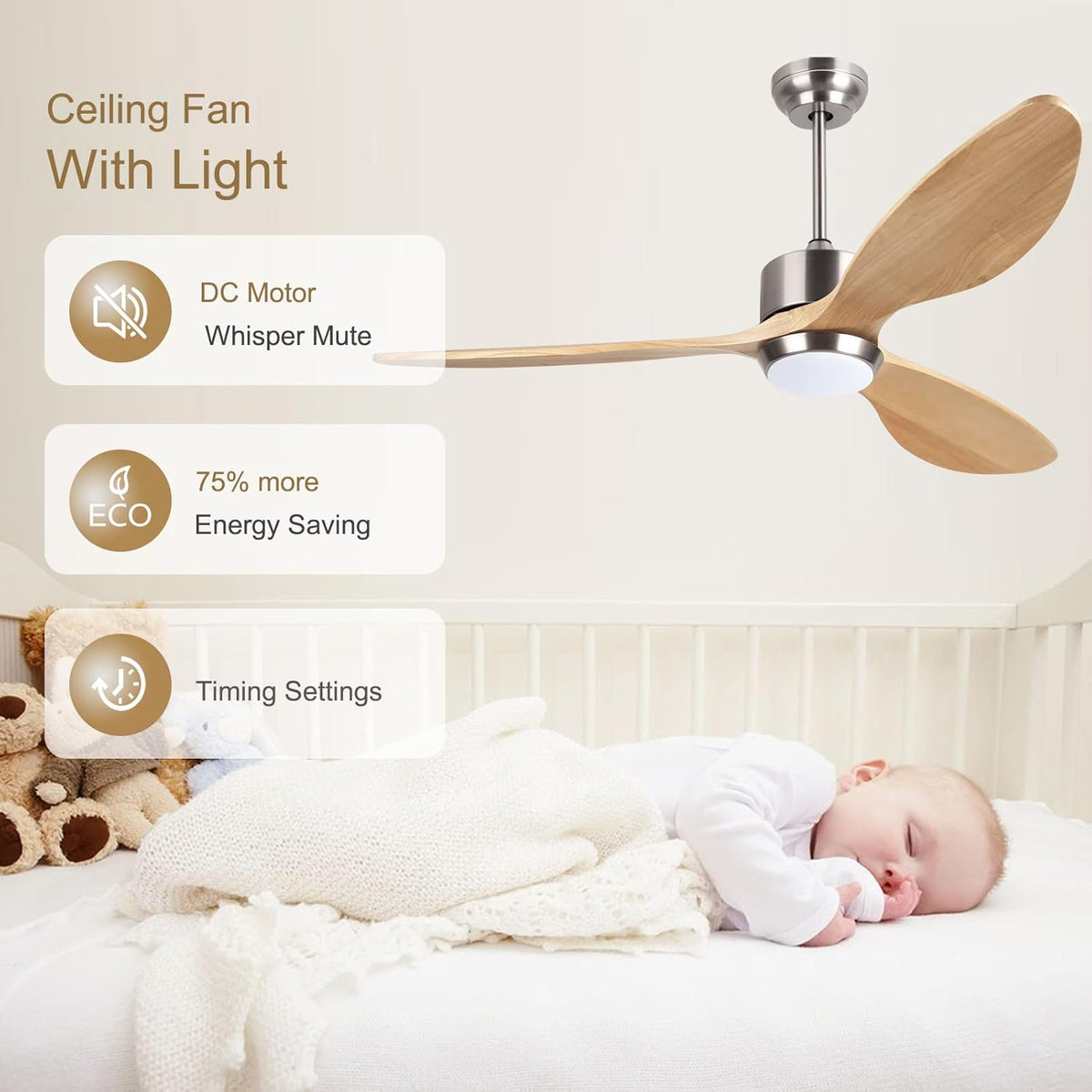 Ovlaim 132cm massief houten plafondventilatoren met verlichting Afstandsbediening, Stille DC Motor 3 Blade Propeller Slimme Plafondventilator, Binnen Woonkamer Slaapkamer, Natuur & Zilver