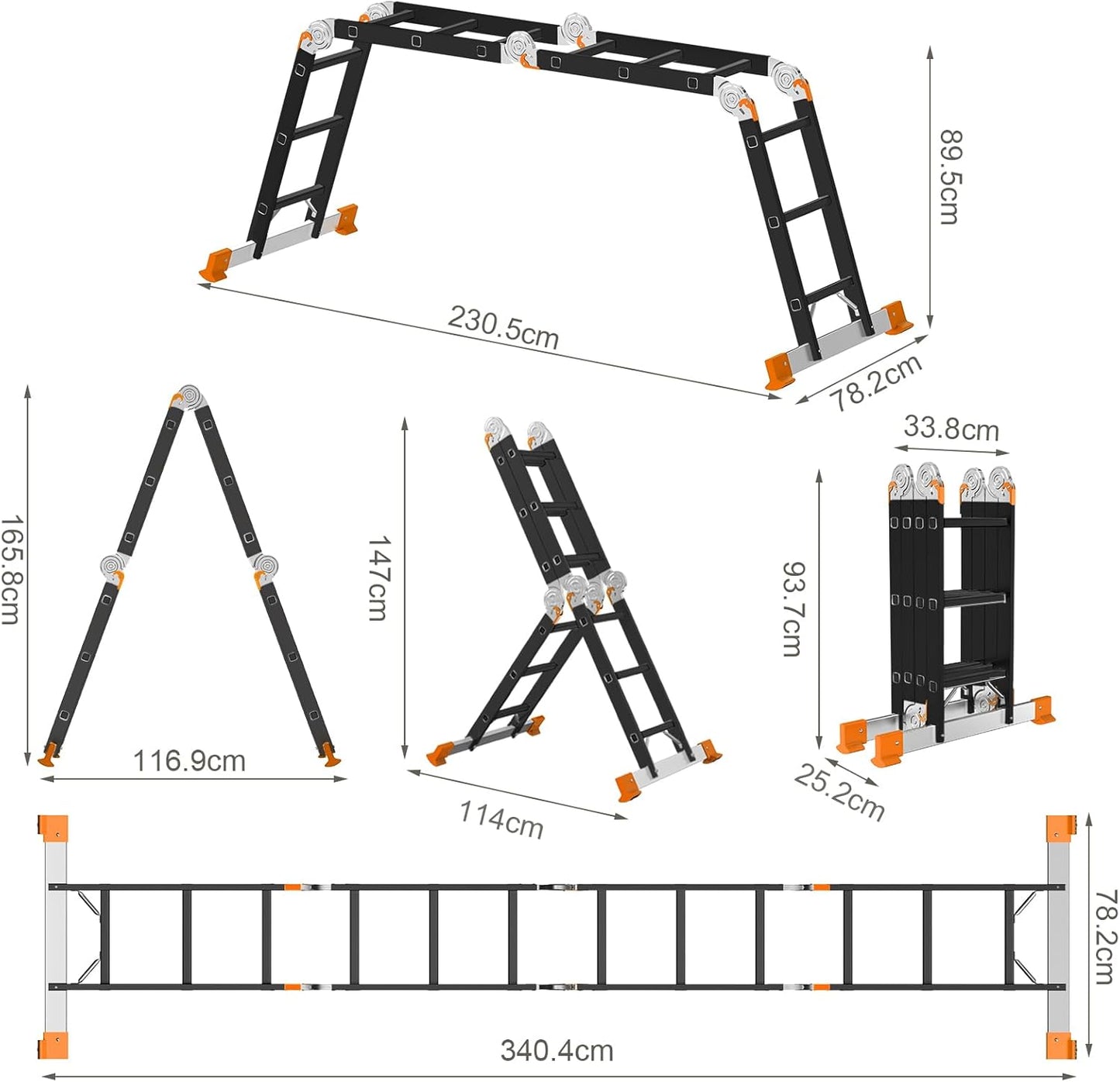 AMHANCIBLE Multifunctionele ladder, 3,4 m aluminium ladder, 4 x 3 treden, trapladder, huishoudladder, tot 150 kg, 12 treden, TÜV/GS-gecertificeerd, antislip, stabiel en robuust, Zwart Oranje EBAL01RN