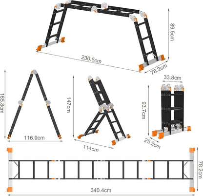 AMHANCIBLE Multifunctionele ladder, 3,4 m aluminium ladder, 4 x 3 treden, trapladder, huishoudladder, tot 150 kg, 12 treden, TÜV/GS-gecertificeerd, antislip, stabiel en robuust, Zwart Oranje EBAL01RN