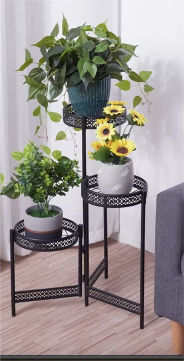 Plantenstandaard - Plantenrek - Bloempotten rek - 3 laags - Opvouwbaar - Metaal - Zwart