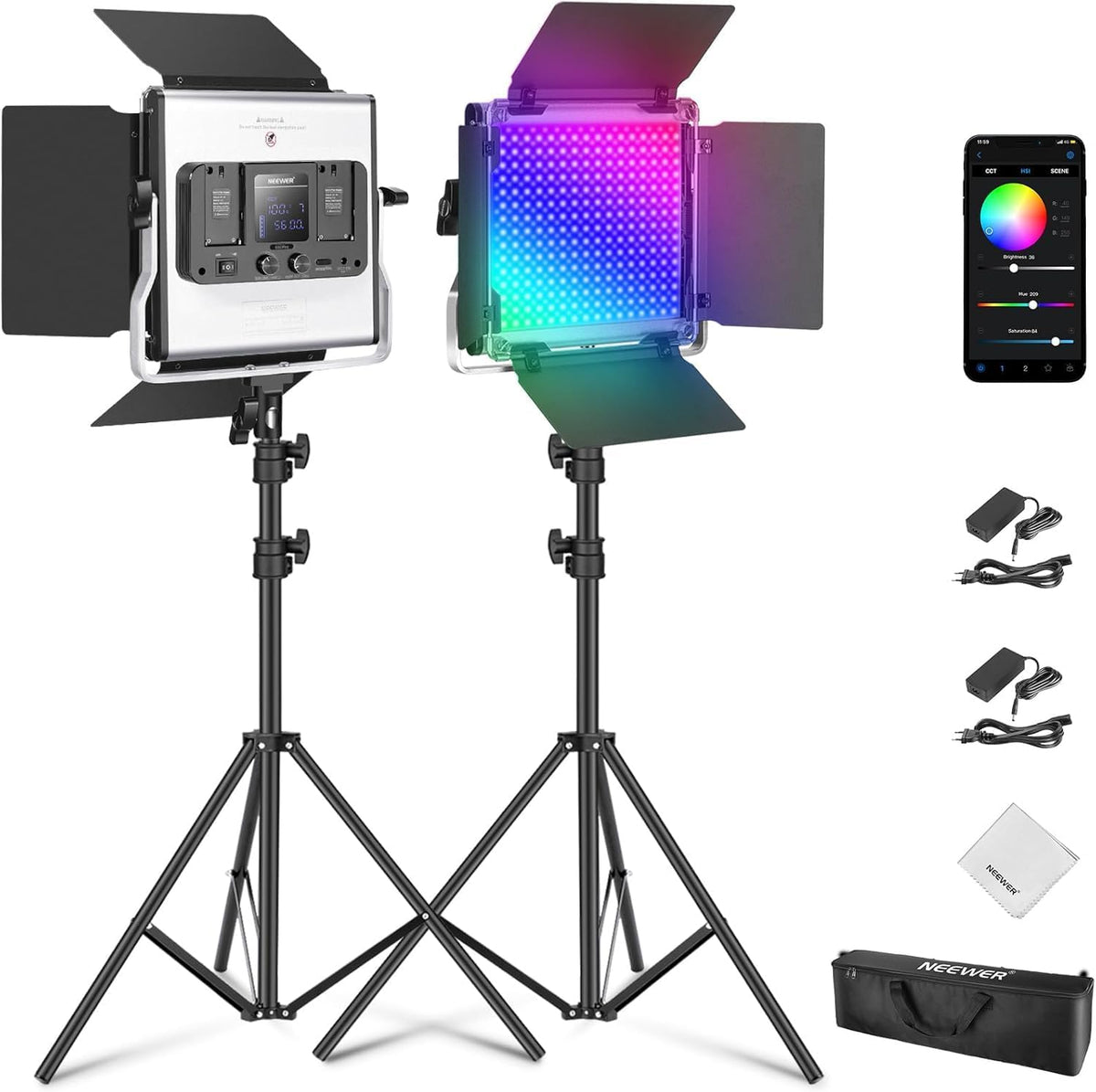 RGB Led Videolicht Set van 2 – Videolamp – Lichtpaneel – Fotolicht – Studioverlichting – 50W per Lamp – 3200K-5600K, CRI97+