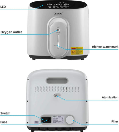 DEDAKJ Zuurstofapparaat voor thuis, draagbare zuurstofconcentrator, 30-90%, hoge zuiverheid, 1-8 l/min debiet, instelbaar (Q1W)
