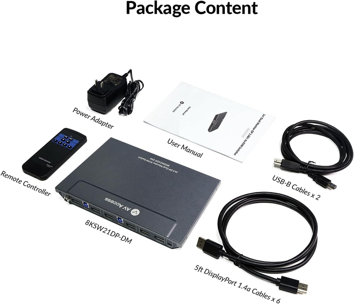 AV Access KVM-switch 2 computers 2 monitors DisplayPort 8K@60Hz 4K@165hz/144hz, DP KVM-switch dubbele monitoren met USB 3.0-poorten, audio uit IR-afstandsbediening, met alle kabels