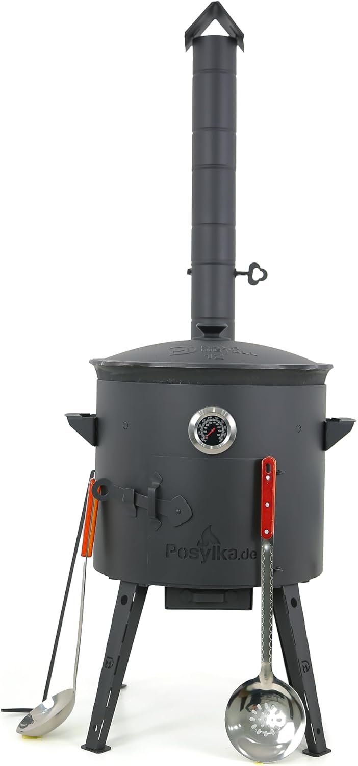 Utschak Kazan Fire Stove with Thermometer Cast Iron Pan Round Bottom with Lid (12 L), Skimmer 48 cm, Ladle 48 cm KazanoFF Fire Bowl Camping Kazan Goulash Cannon Dutch Oven (Set 3) - QUORE