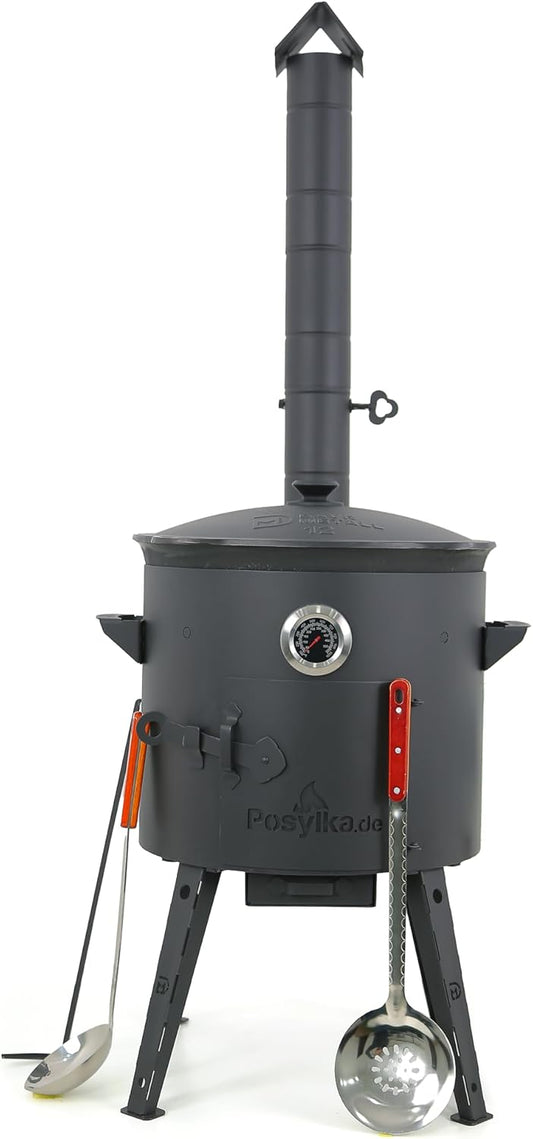 Utschak Kazan Fire Stove with Thermometer Cast Iron Pan Round Bottom with Lid (12 L), Skimmer 48 cm, Ladle 48 cm KazanoFF Fire Bowl Camping Kazan Goulash Cannon Dutch Oven (Set 3) - QUORE