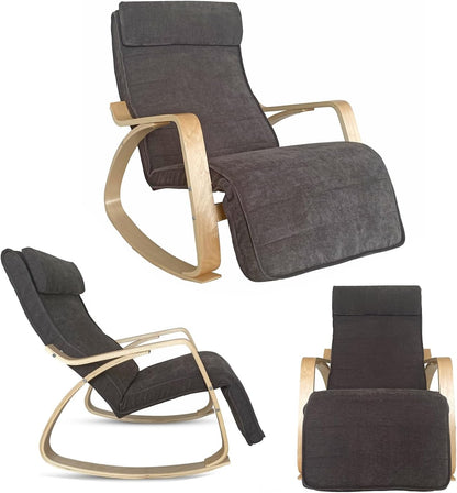 WeHome Swing Amor Schommelstoel met armleuningen van hout, Rocking Chair, schommelstoel met verstelbare voetensteun, woonkamerstoel, slaapkamerstoel (stof, donkergrijs)
