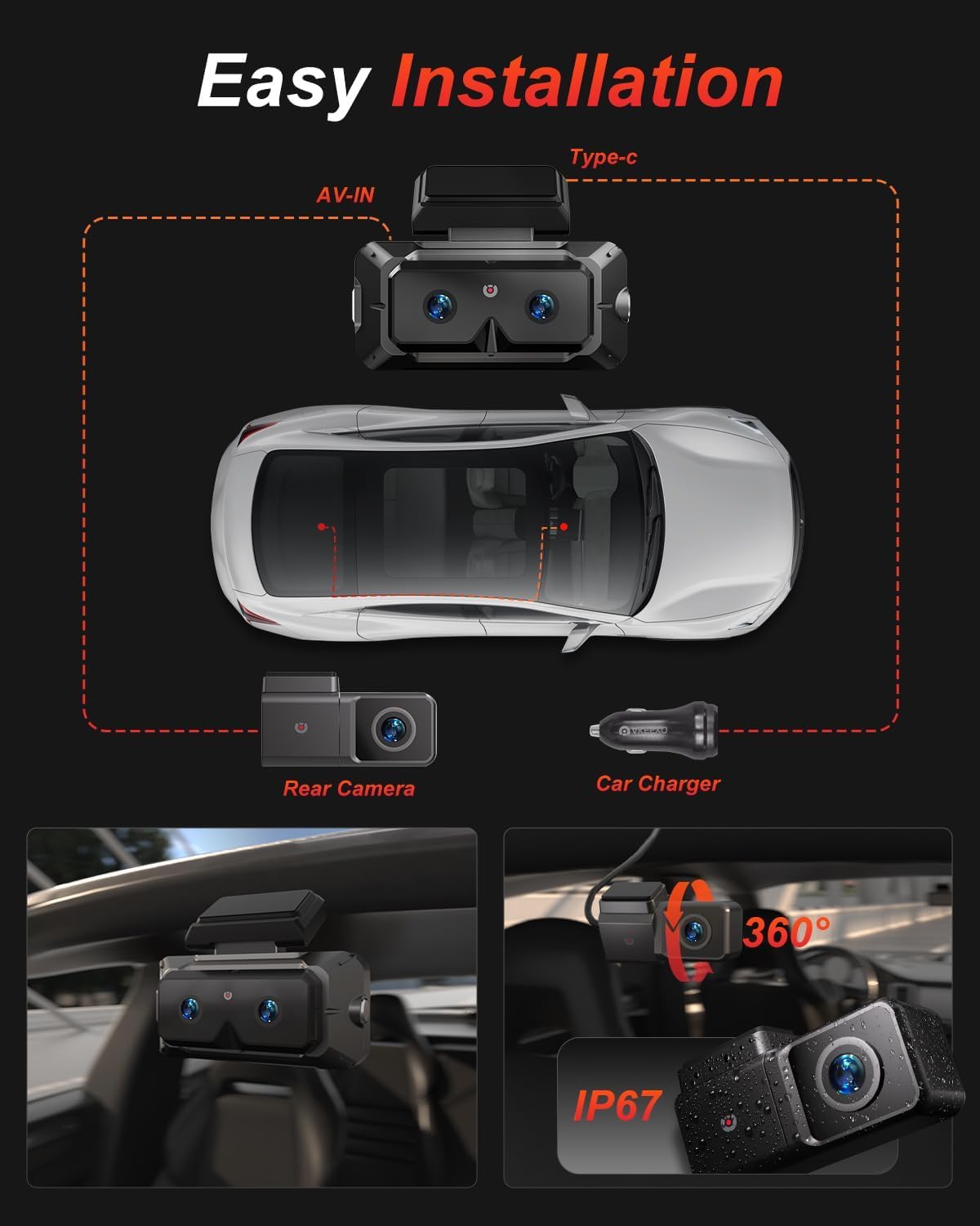 AKEEYO-EYES 2K 5 GHz WiFi dashcam voor en achter, 4 inch IPS touchscreen, dashcamera voor auto, 3 kanalen dashcam, GPS, ADAS & BSD, nachtzicht, WDR, spraakbediening, app, G-sensor, 24H parkeermodus +