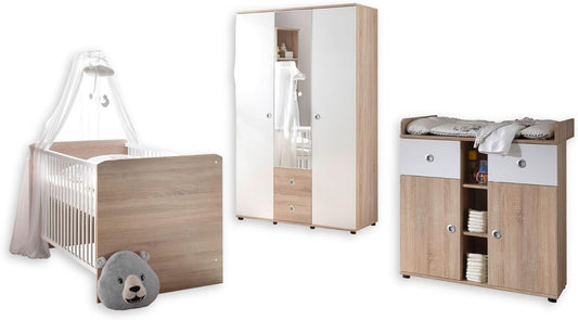 Stella Trading Wiki Baby Room Complete Set in Oak Sonoma Look / White - 3-Piece Set of 3 Wardrobe, Baby Bed and Changing Table - QUORE