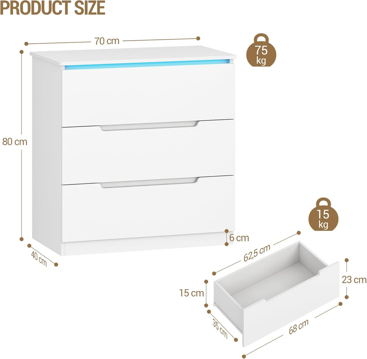 Hzuaneri Chest of Drawers, Side cabinet with LED light strip, Modern style, Suitable for living room and bedroom, 40 x 70 x 80 cm, White DC01303XEU