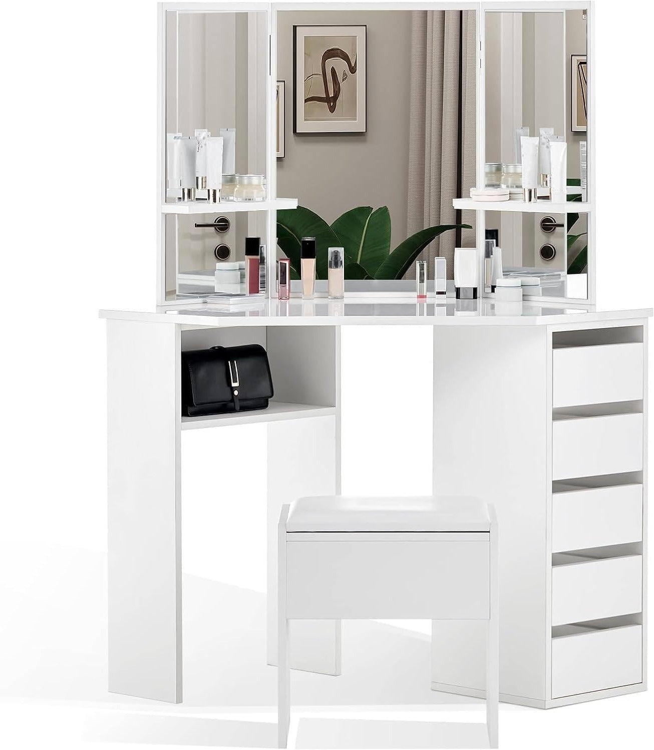 Witte Hoekkaptafel – Make-up Tafel – Ijdelheid Tafel – Dressing Bureau – Slaapkamer Meubel – Met 3 Spiegels – 5 Laden Opbergruimte