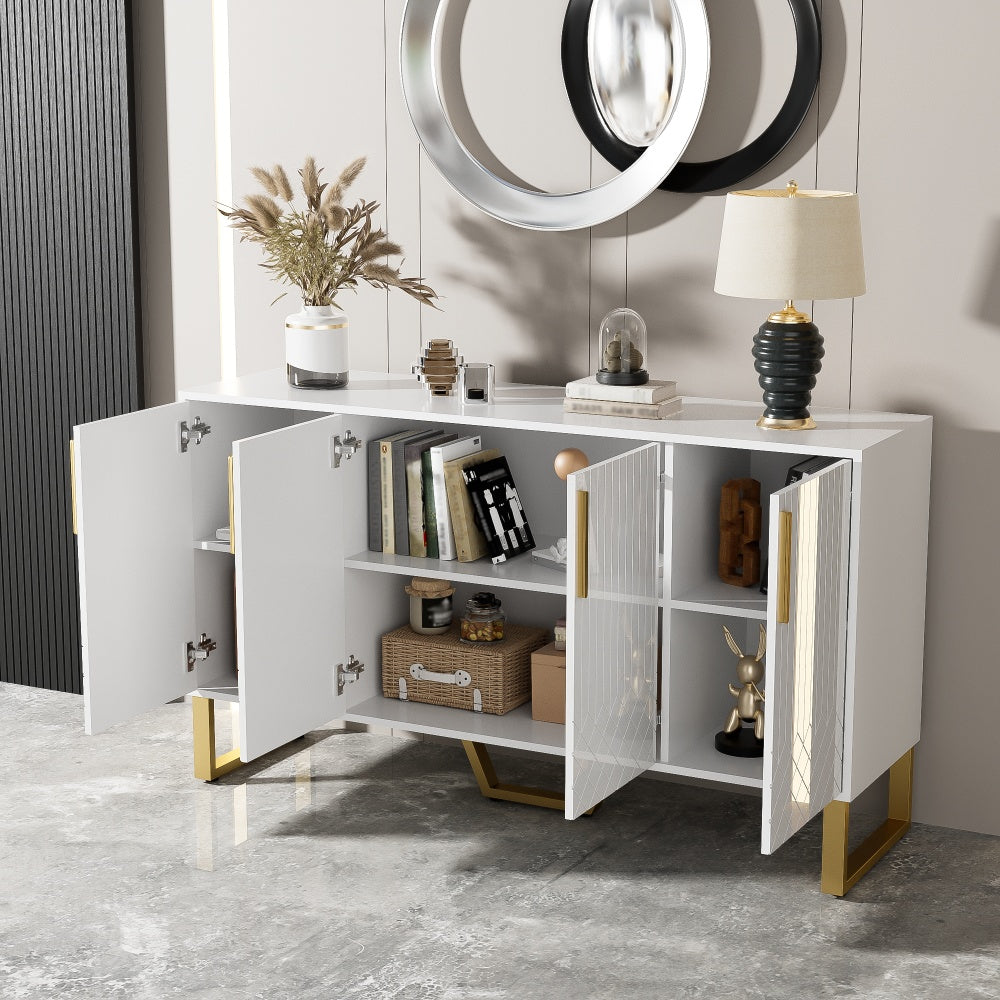 Modern White Geometric Storage Cabinet with 4 Doors - Freestanding Organizer, Easy Assembly, Spacious Interior for Living Room, Dining Room, Entryway - Sturdy Metal Construction, Space-Saving Design (140x40x80cm/55x16x31.5in)