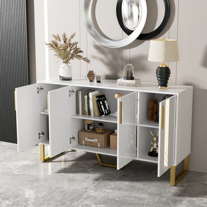 Modern White Geometric Storage Cabinet with 4 Doors - Freestanding Organizer, Easy Assembly, Spacious Interior for Living Room, Dining Room, Entryway - Sturdy Metal Construction, Space-Saving Design (140x40x80cm/55x16x31.5in)