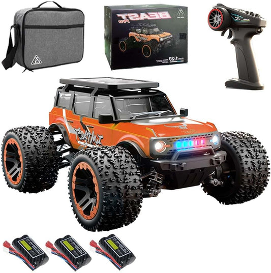 Remote Controlled Car, 1/20, 4WD Monster Truck, 40km/h, 2.4GHz, RC Off-Road Racing Buggy for Adults, Waterproof RC Car, 3 Batteries (Orange) - QUORE