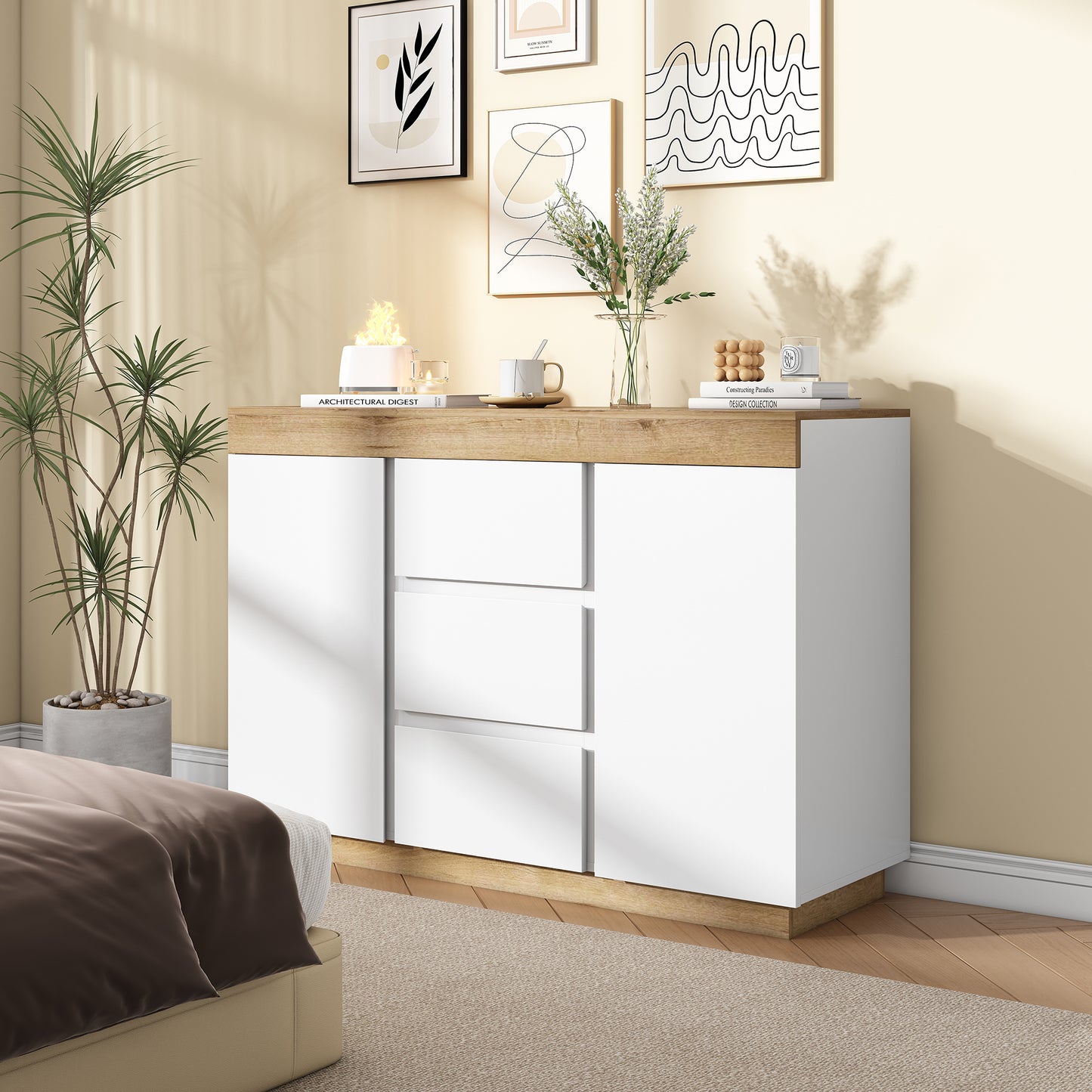 Merax Dresser with 3 Drawers and 2 Doors, Lockable Compartment, Storage Function, for Bedroom and Living Room, E1 Chipboard, White+Oak