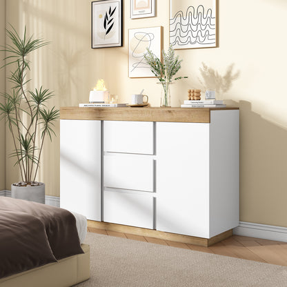 Merax Dresser with 3 Drawers and 2 Doors, Lockable Compartment, Storage Function, for Bedroom and Living Room, E1 Chipboard, White+Oak