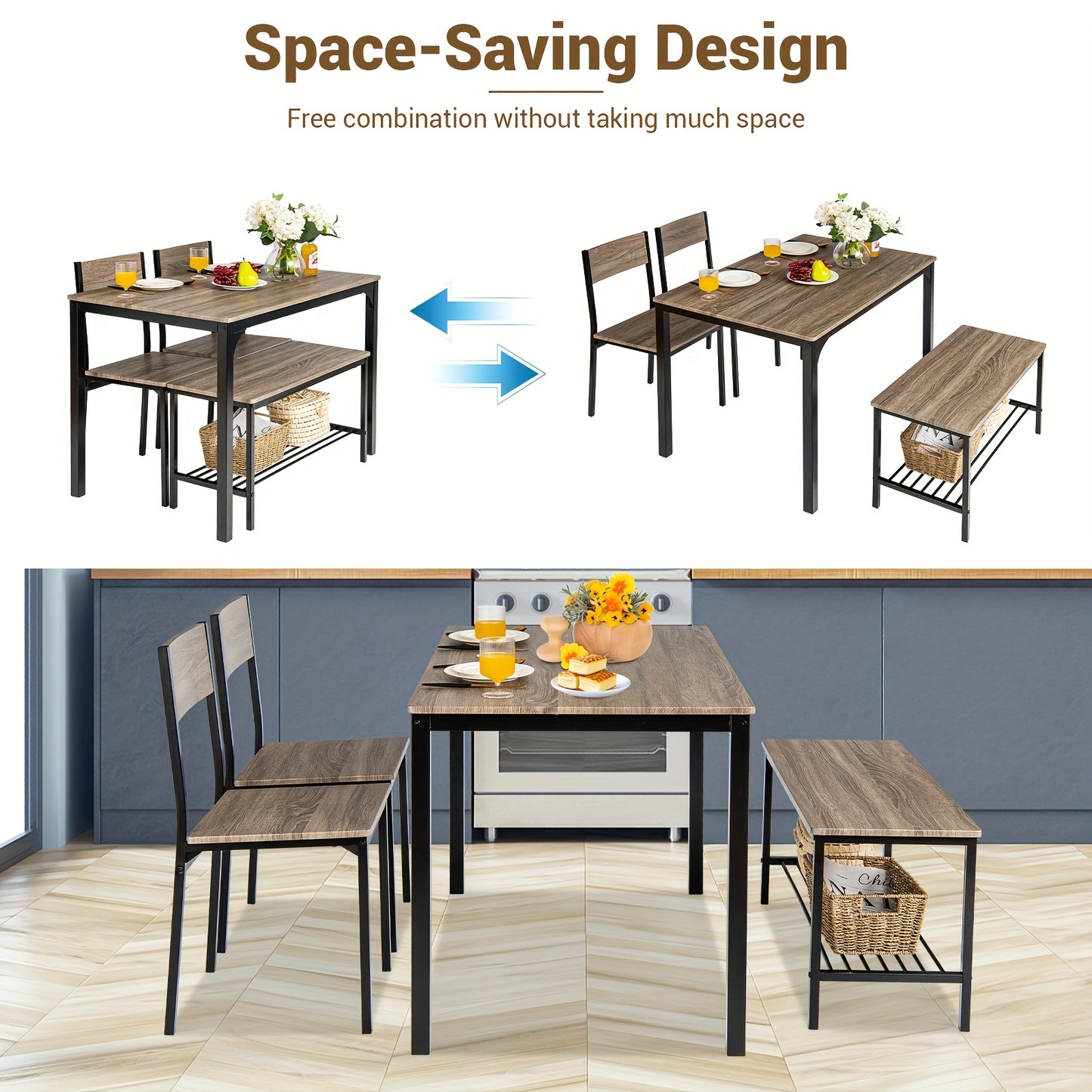 Eettafelset – 4-Delig Meubelset – Industrieel Tafel + Stoelen – Bankje Met Opbergruimte – Compact Ruimtebesparend Design – MDF Met Metalen Frame