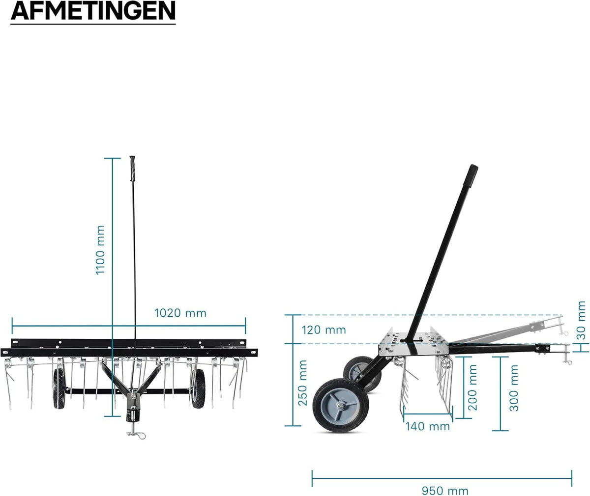 Wiltec verticuteermachine 100 cm voor zitmaaiers, gazonbeluchter met stalen veren en rubberen wielen voor gazontractoren, gazonverticuteermachine voor het beluchten van gazons en als mosverwijderaar